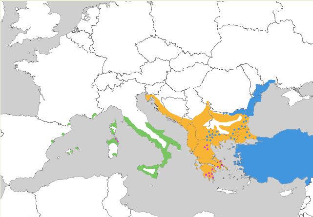 Verbreitungsgebiete der Europäischen Landschildkröten: Thh, Thb, Tgi, Tm