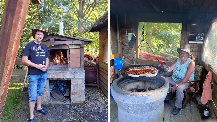 Freddy beim Anheizen des Backofens für den Flammkuchen und Schwiegervater Franz beim Grillen der Bratwürste 